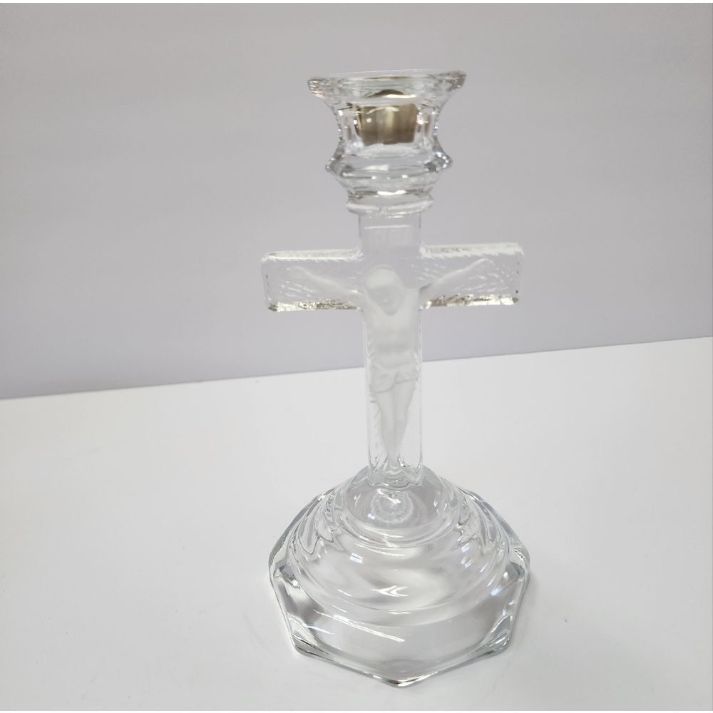 Homco INRI Jesus on Crucifix Glass Candle Holder Vintage